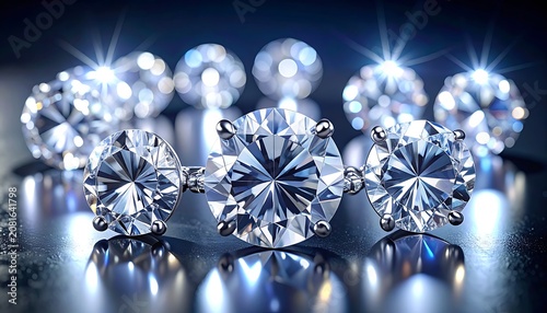A close-up of sparkling diamond earrings on a reflective surface (1)