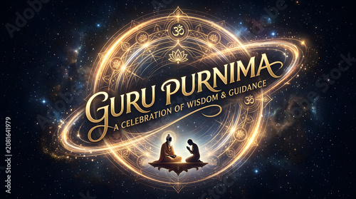 Guru Purnima celebration featuring cosmic Om mandala, lotus, and guru disciple silhouette, symbolizing spiritual enlightenment, divine wisdom, Hindu festival greeting poster design.