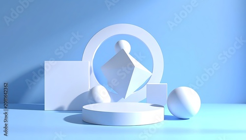 A blue background with white geometric shapes and a circular platform