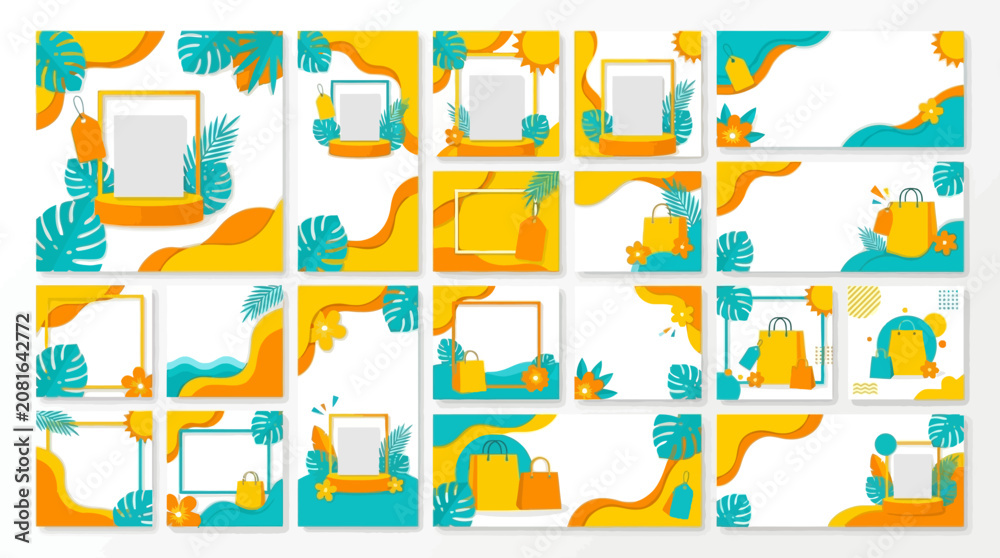 Obraz premium Vibrant Summer Sale Social Media Template Set Featuring Tropical Leaves and Abstract Shapes for E-commerce Promotions