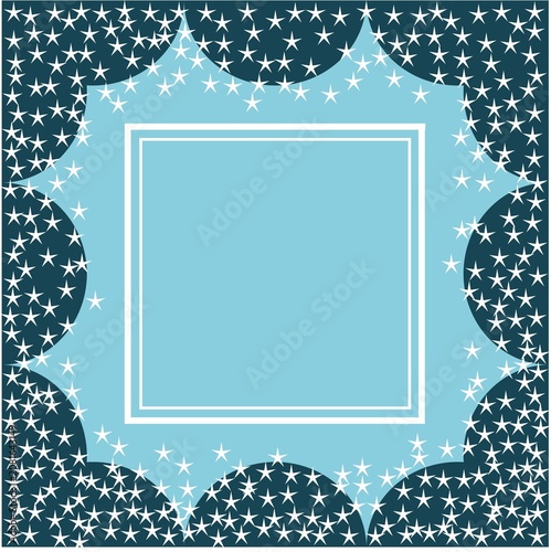 Blue star frame border with white stars pattern on dark navy background, festive greeting card template with copy space.