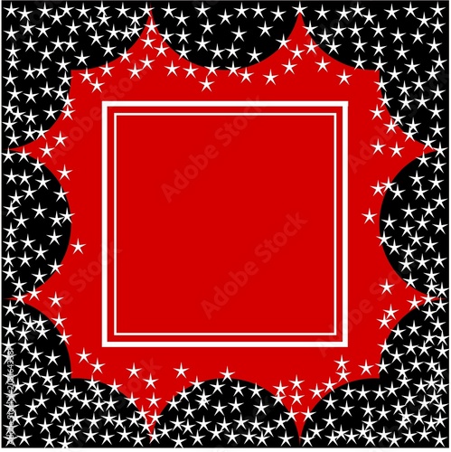 Red and black star frame border with white stars pattern, bold festive greeting card template with copy space.