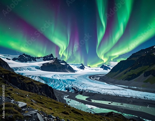 A breathtaking display of the aurora borealis over a glacier landscape