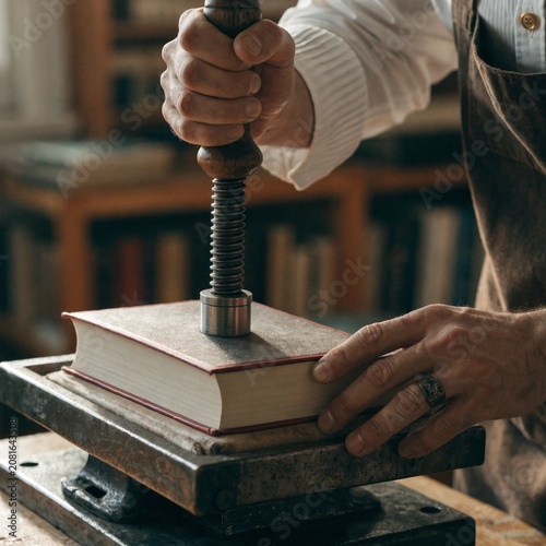 A craftsperson presses a hardcover book with a manual bindery tool in a warm workshop, suitable for promoting book restoration, publishing, or heritage craft services.