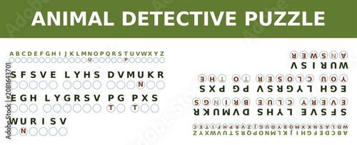 Animal detective puzzle with letters and hidden words on green background  