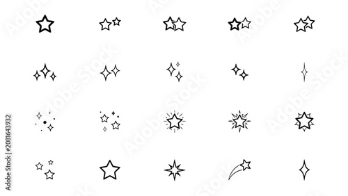 Collection of various star and sparkle icons in different styles and shapes on white transparent background