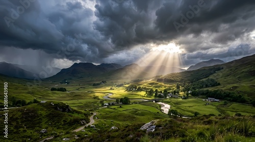 Dramatic Clouds and Mist Over Green Mountain Peaks and Lake Landscape Under a Scenic Sky