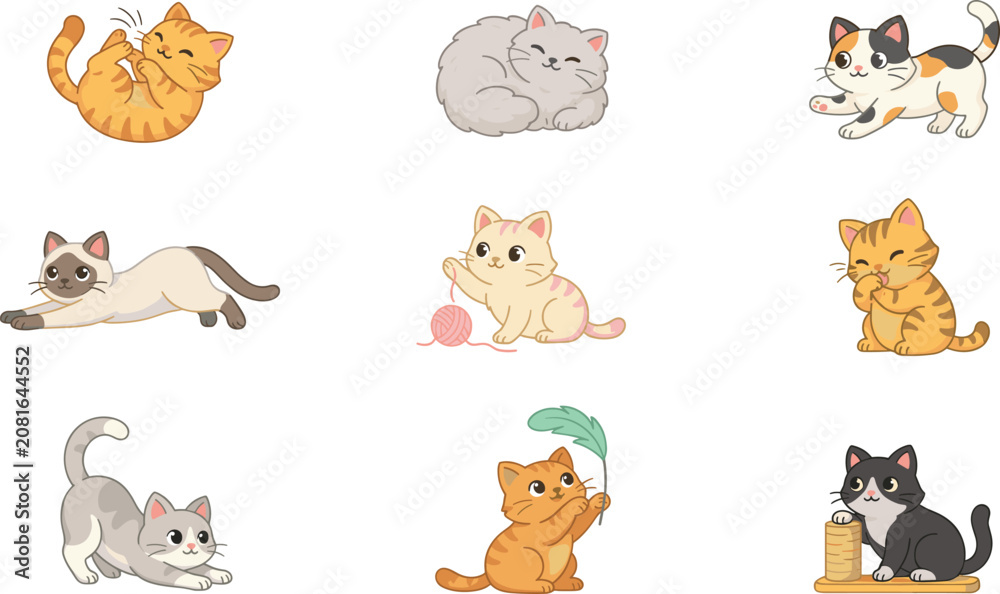 Fototapeta premium Cute Cartoon Cat Vector Character Set with Playful Kittens Sleeping Stretching Scratching and Playing with Yarn for Kids Greeting Cards and Patterns