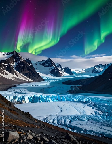 A breathtaking landscape of a glacier surrounded by mountains under the aurora