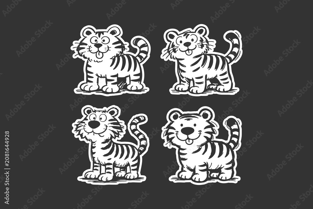 Fototapeta premium Four cute cartoon tigers with friendly expressions and striped patterns are displayed in a clean vector style illustration featuring bold black lines on white surfaces
