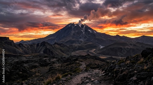 Dramatic Sunset and Sunrise Over Volcanic Mountain Peaks with Clouds in Teide National Park Tenerife Spain Landscape Panorama