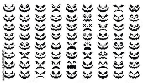 Canvastavla Set of spooky halloween jack o lantern faces and skulls silhouette isolated on t