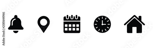 Bell location pin calendar time and home icon, notification map marker date clock house symbol, vector illustration