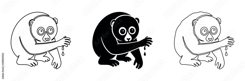 Fototapeta premium Cute slow loris primate with big eyes in outline and solid styles