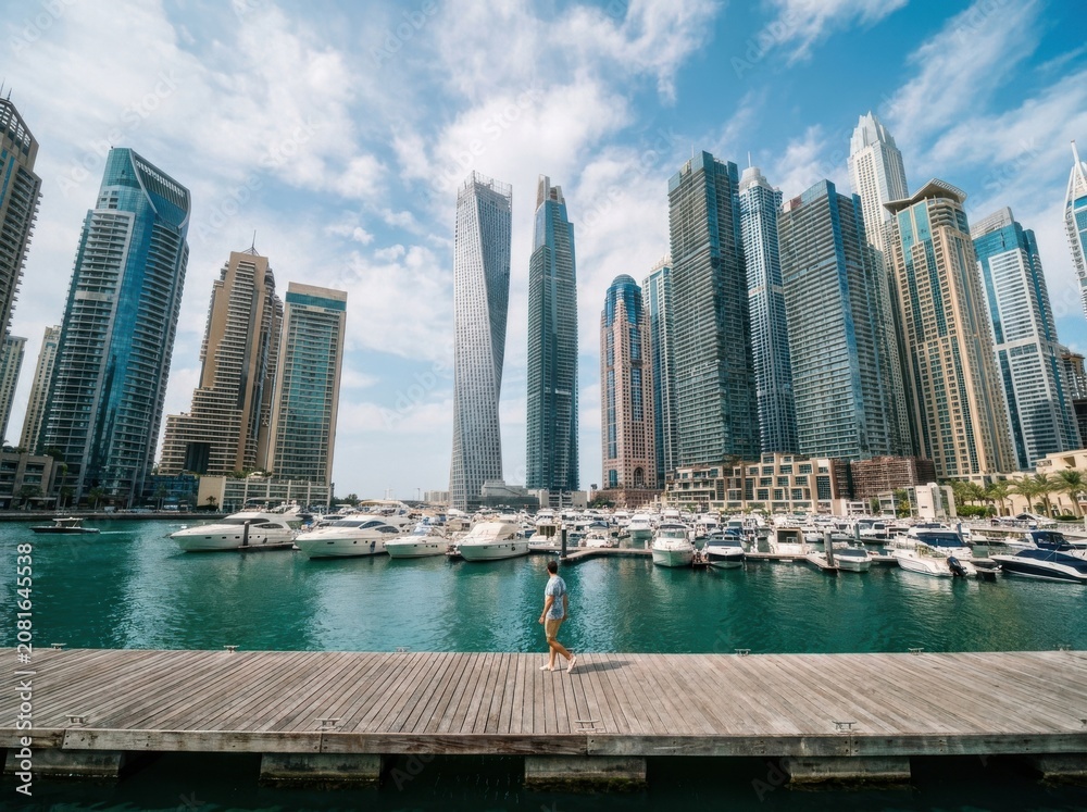Obraz premium A man walking on a wooden pier in dubai marina with luxury yachts and modern skyscrapers in the background under a blue sky with clouds