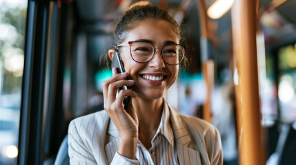Attractive smiling businesswoman talking on the phone while riding a bright public transport bus candid commute connectivity daily journey with copy space