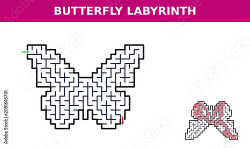 Butterfly maze design in black and white with red accents  