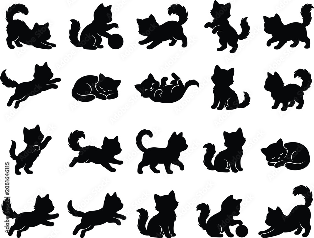 Fototapeta premium Collection of black cat silhouettes in various playful poses against a white background silhouette