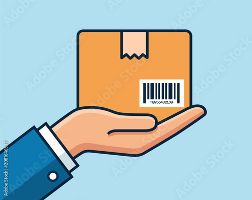 Hand holding a shipping box with barcode label, representing parcel delivery, order fulfillment, logistics services, and e-commerce distribution.