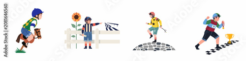 Quadro su tela Collection of illustrations depicting a young boy's journey and imagination as a little jockey, from playing with hobby horses to winning a race