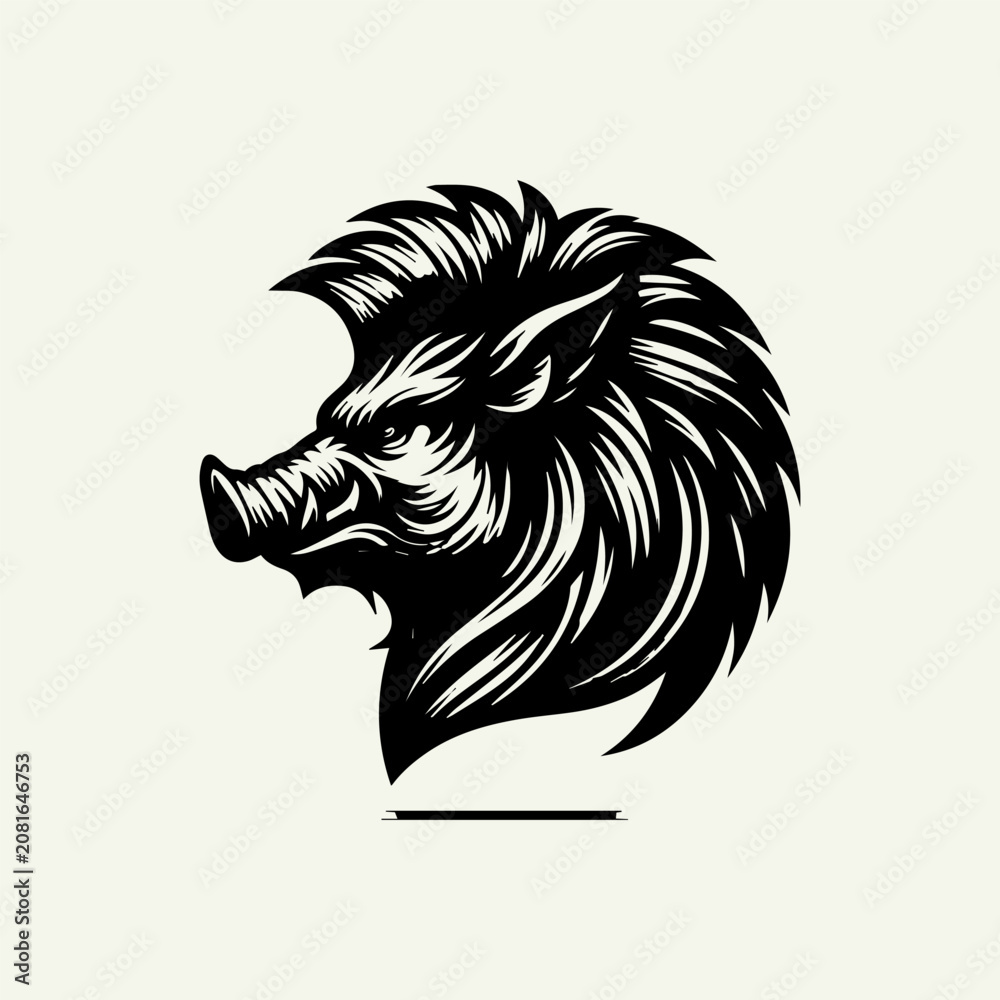 Obraz premium Stylized black and white illustration of a fierce wild boar head profile.