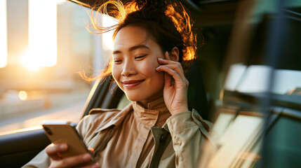 Attractive Asian woman smiling and using her phone while enjoying a car ride through a bright city at late afternoon warm golden light joyful commute connectivity with copy