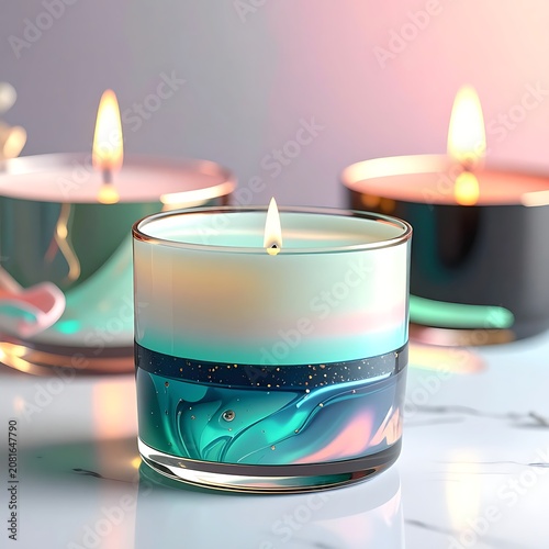 A close-up of three lit candles with layered colors