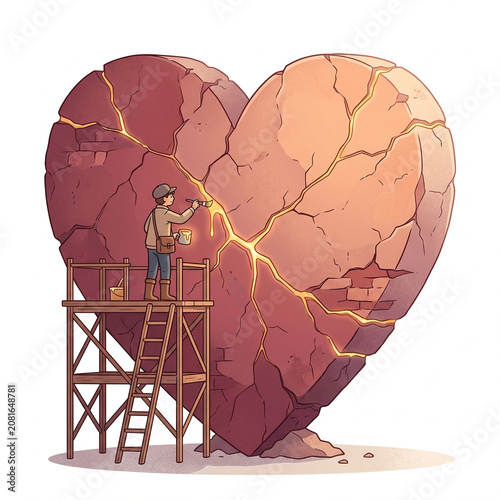 An Artist Carefully Restoring a Massive Cracked Stone Heart Symbolizing Emotional Healing and Overcoming Heartbreak