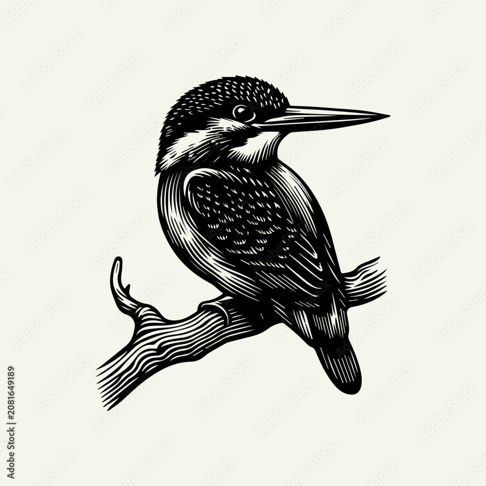 Obraz premium Detailed black and white woodcut illustration of a kingfisher bird perched on a branch.