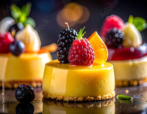 A close-up of three small cheesecakes with fruit toppings
