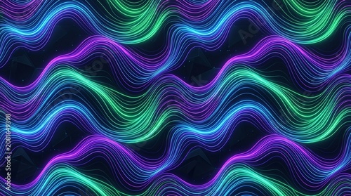 Futuristic Neon Glowing Wave Lines Seamless Pattern with Blue and Purple Light