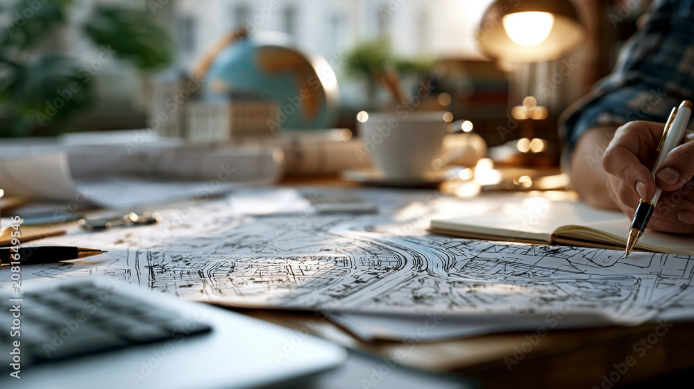 Fototapeta premium A detailed cadastre land development plan and valuation document laid out in bright natural light urban planning real estate property with copy space