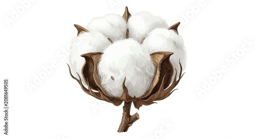 Quadro su tela Cotton boll illustration with detailed fibers and brown seed pod on a white back