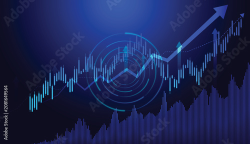 Financial market candlestick graph vector with bullish trend arrow, blue digital radar data analytics screen background, cryptocurrency forex investment and growth concept.