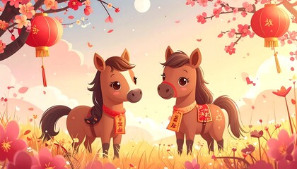 Cute cartoon horses celebrating Chinese New Year with lanterns and blossoms.