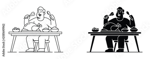 Tableau sur toile Overeating icon set gluttony feast person eating roast chicken unhealthy lifesty