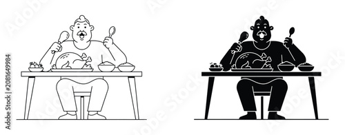 Tableau sur toile Overeating icon set depicting gluttony feast behavior person eating roast chicke