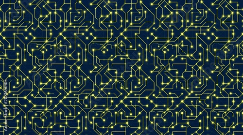 Abstract Glowing Cyber Circuit Board Seamless Pattern with Neon Yellow Lines