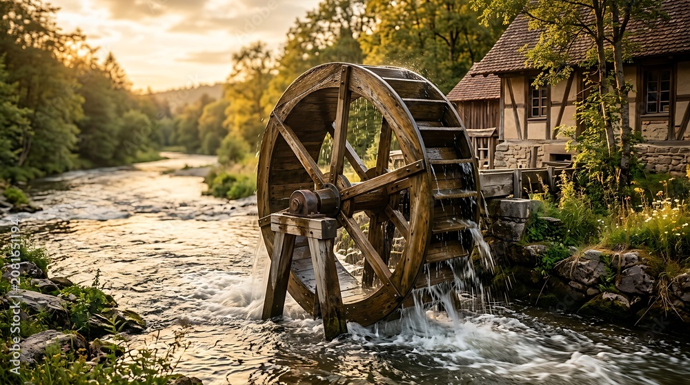 Fototapeta premium Old wooden water wheel spinning in a forest river at sunset