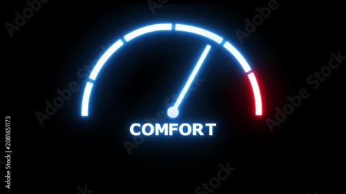 Comfort zone measuring device with arrow and scale. Colorful infographic gauge element. Animation video.