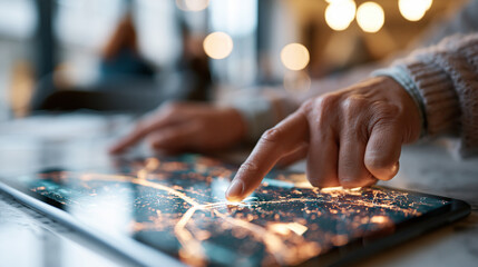 Faceless hand using a tablet to plan a taxi route on a glowing digital map in a bright modern indoor setting navigation technology travel planning with copy space