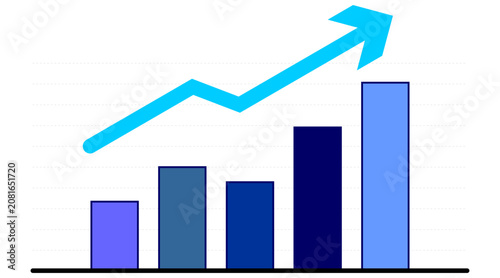 Business growth bar chart and line graph with upward blue arrow, flat vector illustration of financial success, sales increase or economic trend
