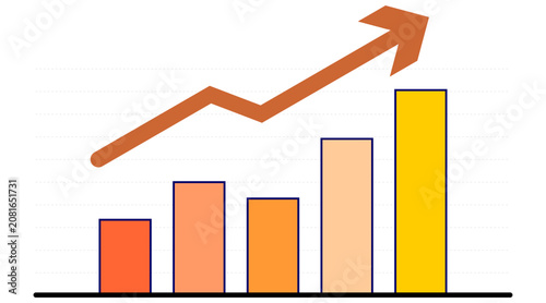Business growth bar chart and line graph with upward blue arrow, flat vector illustration of financial success, sales increase or economic trend

