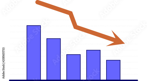 Business decrease bar chart and line graph with downward arrow, flat vector illustration of financial loss, bankruptcy or economic crisis

