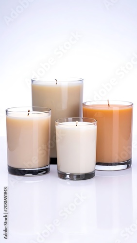 A close-up photograph of four candles in glass containers