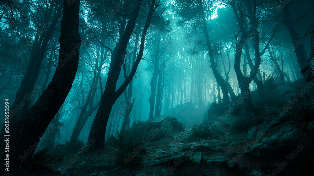 Fototapeta premium Dark forest with tall tree silhouettes under teal green light between trunks in night atmosphere. Background for fantasy projects, game visuals and cinematic posters.