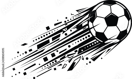 Dynamic soccer ball graphic with speed lines black and white vector illustration