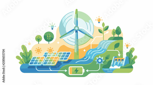 Renewable energy sources including solar panels and a wind turbine