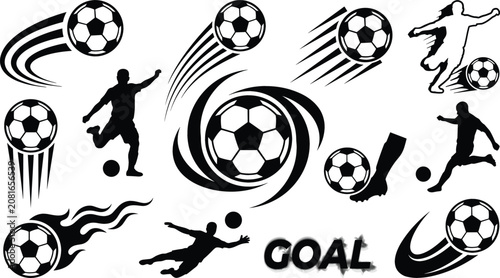 Tableau sur toile Soccer Vector Graphic Element Set Featuring Flying Balls Dynamic Player Silhouet