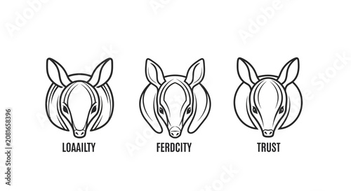 Minimalist line art deer heads with loyalty ferocity trust labels.